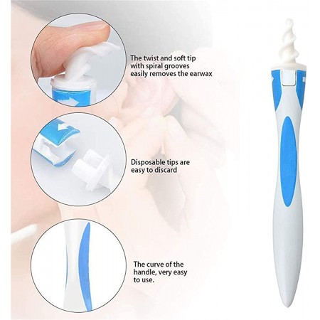Meidong Ear Wax Removal Tool Smart Spiral Swab Q Grips Earwax Remover Ear Wax Cleaner Cleaning Spiral Heads Earwax Remover Ear Wax Remover KIT Safe Soft Silicone with 16 Replacement Tips